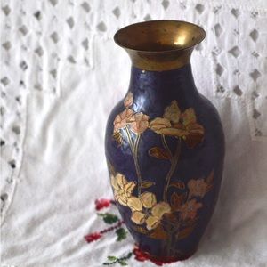 Vintage floral enameled solid brass vase made in India
